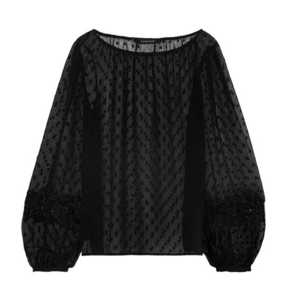 WALTER BAKER black swiss dot semi sheer billow sleeve embellished Candice top